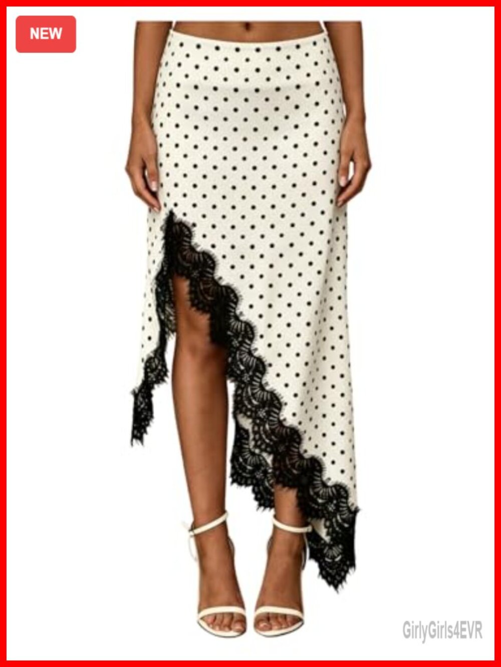 Polka Dots Lace Trim Asymmetrical Hem Maxi Skirt